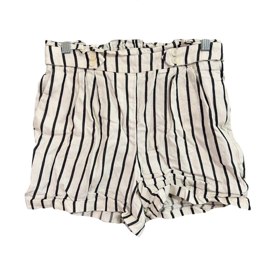 Express Womens Shorts Cream Black Striped Pull On Midi High Rise Linen Blend S